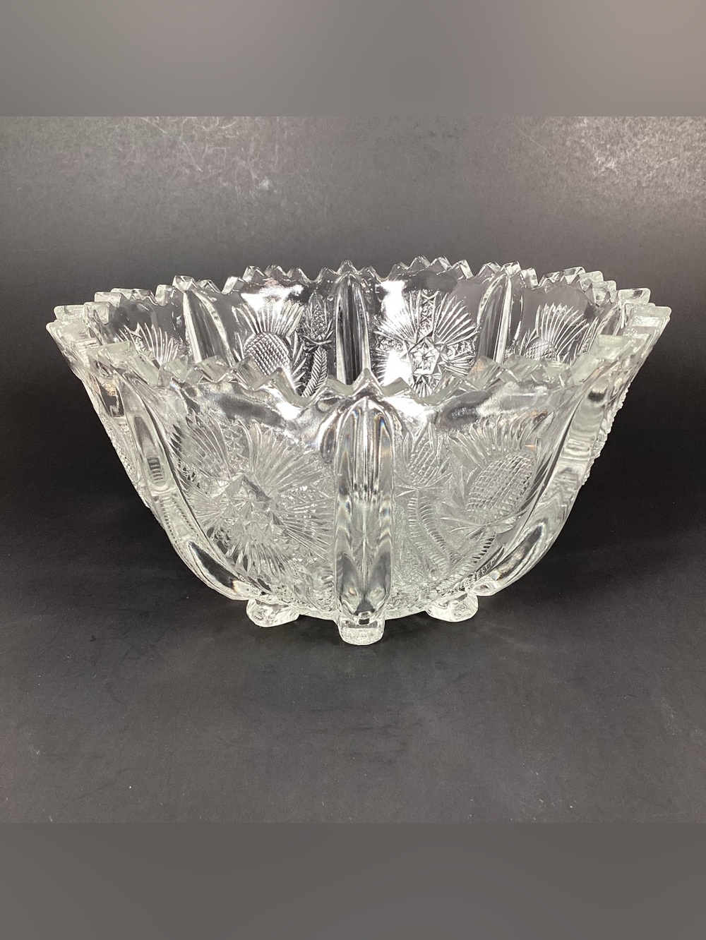 Antique EAPG Higbee Glass 7" Footed Round Bowl Panelled Thistle